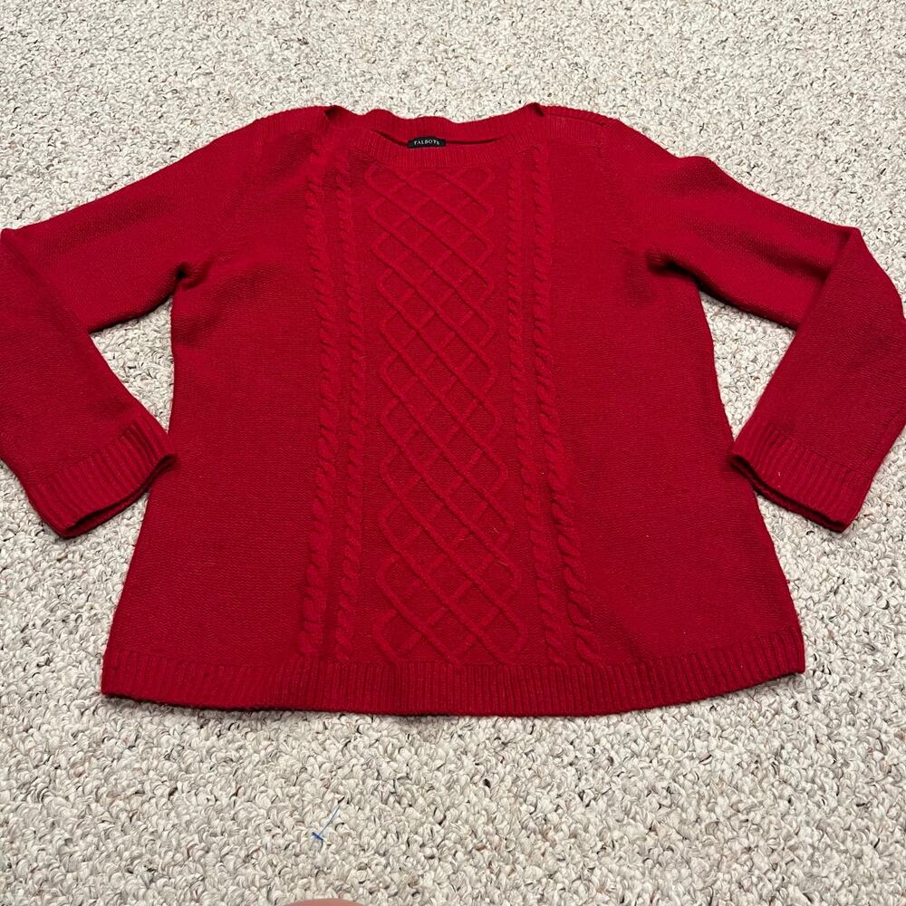 Talbots Cable Knit Crewneck Sweater Sz M Red Holiday Merino Wool Cashmere Preppy